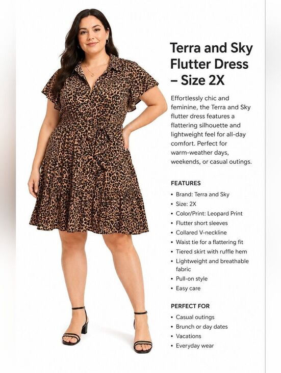 Terra & Sky Dresses & Skirts - Terra & Sky Plus Size 2X Leopard Print Flutter Sleeve Tie Waist Dress